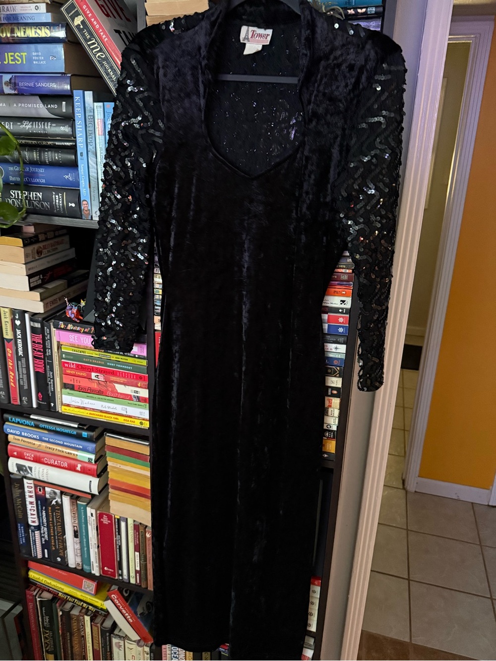 Sz M Vintage Tower Black Velvet Dress with Sequin Sleeves and Back